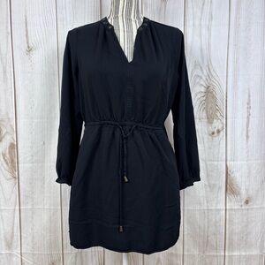 Forever 21 Tunic Mini Dress Pullover Grommets Drawstring V-Neck Black Sz Large